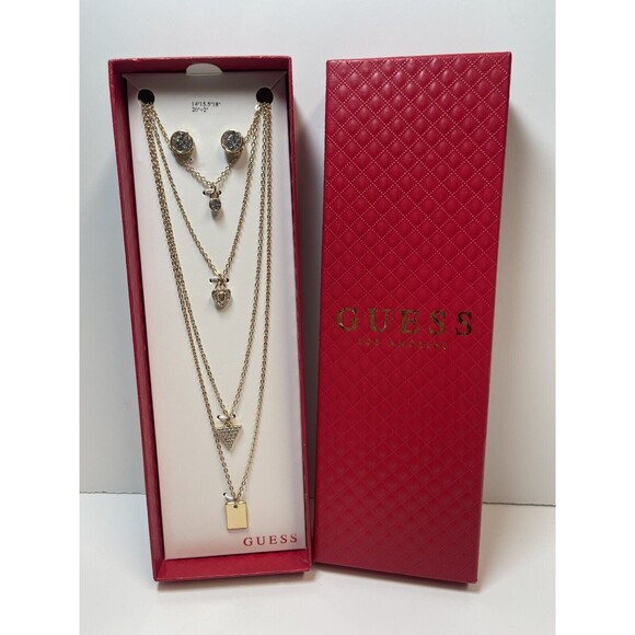 Guess Multi Layer Necklace And Stud Earring Set New - Picture 1 of 6